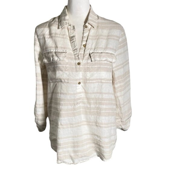 Ellen Tracy Tops - Ellen Tracy Popover Shirt Women's Small White Tan Striped 100% Linen Long Sleeve
